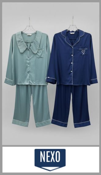 Traje pijama Nexo saten liso p/mujer casaca abotonada pant largo t M/XL