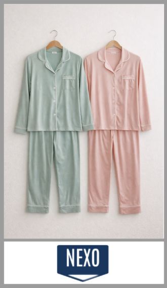 Traje pijama Nexo alg/pol liso p/mujer casaca abotonada pant largo M/3X