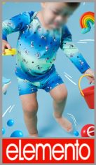 Conjunto UV protector ELEMENTO para bebe varon, en lycra forrada estampada, camiseta manga larga y boxer, en colores surtidos y talles B1, B2, B3 y B4. Pack por unidad en estuche cartuchera.