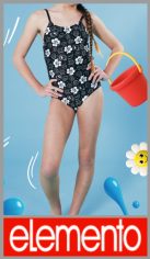 Malla entera ELEMENTO para nena en lycra forrada estampada, bretel fino, liso en la espalda, en colores surtidos y talles 6, 8, 10, 12 y 14. Pack por unidad en estuche cartuchera con plancha de stickers de regalo.