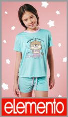 Pijama ELEMENTO temporada de verano para nena, en  100% algodón, casaca lisa con estampa central, manga corta, short liso, en talles 4, 6, 8, 10, 12, 14 y 16 en colores surtidos. Pack por unidad en caja individual.