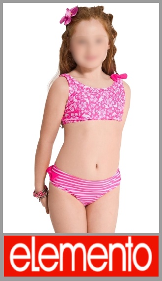 Malla bikini ELEMENTO para nena en lycra forrada, bombacha rayada, corpiño deportivo estampado, en colores surtidos y talles 6, 8, 10, 12 y 14. Pack por unidad en estuche cartuchera con plancha de stickers de regalo.