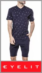 Pijama EYELIT de verano para hombre, en jersey de algodón, remera manga corta estampada, cuello redondo y pantalón corto liso con bolsillos, en talles S, M, L, XL y 2XL. Pack por unidad en caja individual.