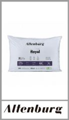 Almohada ALTENBURG modelo Royal, medida de 50cm x 70cm. Peso de 855 gramos. Antialérgico y apto lavarropas. Soporte firme. Exterior 100% algodón percal 180 hilos, e interior 100% poliéster. Pack por unidad en bolsa con cierre.