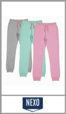 Pantalon jogging NEXO en friza con puños y dos bolsillos para nenas en colores surtidos y talles 4 al 16. Pack por 14 prendas surtidas de talles y colores.