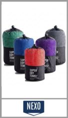 Toallón deportivo NEXO de microfibra. De excelente confección y terminación. Usos: Deporte, Playa, Pileta, etc. Medida: 70cm x 130cm. Pack por unidad en bolsa de red utilizable para guardado y transporte. Colores surtidos.