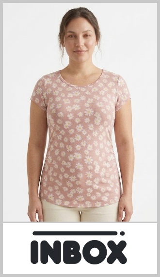 Remerón INBOX para mujer, en tela estampada surtida como las imágenes. Manga corta y cuello redondo. Talles S al XL. Pack por docena, curva S/1, M/3, L/4, XL/4