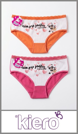 Bombacha KIERO para nena, clásica en algodón y lycra estampada con oso panda y puntilla en la cintura, en talles 10, 12 y 14. Pack por 6 unidades, talles surtidos.