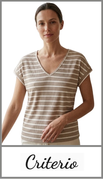 Remera CRITERIO en morley rayado, escote en V sin mangas, para mujer en colores surtidos y en talles especiales 4, 6, 8, 10 y 12. Pack por unidad en percha.
