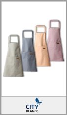 Delantal de cocina OUTLET en poliéster, con pechera y bolsillo central, tamaño aproximado de 60cm x 74cm, en colores surtidos, pack por unidad.