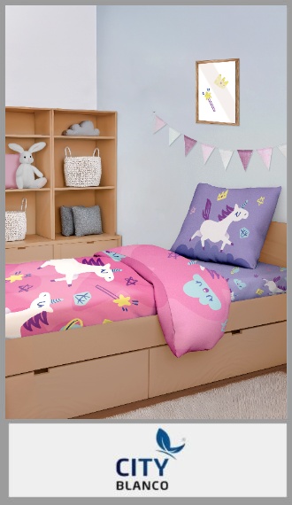 Juego de sabanas CITY BLANCO de unicornios de 1½ plaza en 100% microfibra. Sábana superior de 1.60m x 2.35m, sábana ajustable para colchón de 0.90m x 1.90m x 0.25m de alto y funda de 0.50m x 0.80m. Pack por unidad.