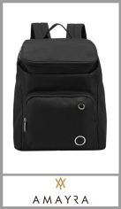Mochila negra AMAYRA para mujer. Confeccionada 100% poliester de excelente calidad. Contiene un bolsillo de carga superior con cierre y organizadores internos y  un bolsillo delantero plano con cierre escondido. Medidas: 38cm x 31cm x 13cm . Pack por unidad. Color igual a la imagen.