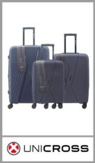Juego de 3 valijas UNICROSSde PP ( prolipropileno) . Cuenta con 4 ruedas 360º que le permite moverse en todas las direcciones sin problemas. Divisor organizador intermedio con red y elásticos. Set por 3 piezas con fuelle amplio, carro reforzado, candado y manija extensible. Medidas 20 + 24 + 28 . Pack por juego 3 piezas.