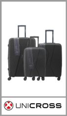 Juego de 3 valijas UNICROSSde PP ( prolipropileno) . Cuenta con 4 ruedas 360º que le permite moverse en todas las direcciones sin problemas. Divisor organizador intermedio con red y elásticos. Set por 3 piezas con fuelle amplio, carro reforzado, candado y manija extensible. Medidas 20 + 24 + 28 . Pack por juego 3 piezas.