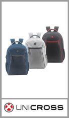 Mochila premium UNICROSS, en lona diferenciada, con una división (PORTA NOTEBOOK) más otros dos bolsillos frontales con cierre y dos laterales de red. Puerto usb incorporado. Excelentes detalles de terminación. Manija de agarre superior reforzada. Tamaño: 46cm x 33cm x 20cm Pack por unidad.