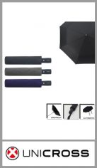 Paraguas UNICROSS para Hombre de apertura automática, resistente al viento, en tamaño chico, con mango plástico engomado, en tela lisa surtida de hombre. Varillas negras. Pack por unidad.