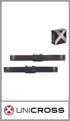 Cinto clásico UNICROSS para hombre en P.U, de 35 mm de ancho con hebilla clásica. Pack por docena surtida en colores negro y marrón en talles del 90 al 120. Se entrega con 12 cajitas individuales para regalo.