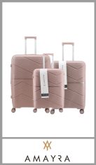 Juego de 3 valijas AMAYRA de PP ( prolipropileno) . Cuenta con 4 ruedas 360º que le permite moverse en todas las direcciones sin problemas. Divisor organizador intermedio con red y elásticos. Set por 3 piezas con fuelle amplio, carro reforzado, candado y manija extensible. Medidas 20 + 24 + 28 . Pack por juego 3 piezas.