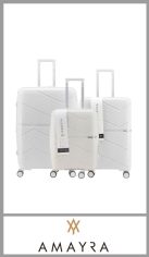 Juego de 3 valijas AMAYRA de PP ( prolipropileno) . Cuenta con 4 ruedas 360º que le permite moverse en todas las direcciones sin problemas. Divisor organizador intermedio con red y elásticos. Set por 3 piezas con fuelle amplio, carro reforzado, candado y manija extensible. Medidas 20 + 24 + 28 . Pack por juego 3 piezas.