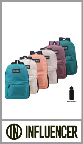 Mochila INFLUENCER en 100% lona  en colores lisos surtidos unisex, con un bolsillo de carga superior y otro para carga frontal. Incluye bolsillo lateral portabotellas. Tamaño  41cm x 32cm x 13.5 cm Pack por unidad, colores surtidos.