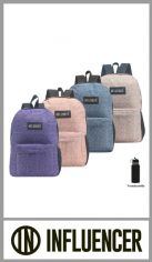 Mochila INFLUENCER en 100% lona  en colores en print gaspeado surtidos para mujer, con un bolsillo de carga superior y otro para carga frontal. Incluye bolsillo lateral portabotellas. Tamaño  41cm x 32cm x 13.5 cm Pack por unidad, colores surtidos.