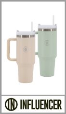 Vaso térmico INFLUENCER de acero doble capa. Autorizado INAL. Tapa a presión con silicona, con bombilla y manija de agarre.. Capacidad: 1200ml. Pack por unidad en cajita individual.