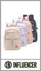 Mochila LSD línea INFLUENCER, en lona lisa diferenciada nylon, una división con cierre, cuatro bolsillos frontales con cierre. Bolsillos laterales porta botellas. Aplique de goma al frente. Dividor interno acolchonado. Tamaño: 3cm x 45cm x 14cm. Pack por unidad.