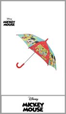 Paraguas DISNEY para niño de apertura manual, resistente al viento, en tamaño largo, con mango plástico, windproof, con diseño de MICKEY MOUSE Varillas negras. Pack por unidad.