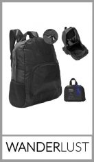 Mochila plegable Wanderlust 40cm x 12cm x 31cm  (medidas de la mochila plegada ),mochila sin plegar 22,5 cm x 17cm 
100% poliester, apto lavado. 
Contiene dos bolsillos con cierre, dos bolsillos con red a los costados. 
Color igual a la imagen 
Viene por unidad