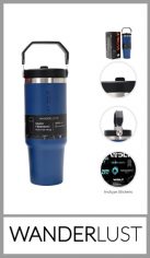 Vaso térmico WANDERLUST de acero doble capa. Autorizado INAL. Tapa a rosa con pico rebatible y manija de agarre. Incluye packaging y sitckers para personalizarlo  Capacidad: 900ml. Pack por unidad en cajita individual.