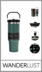 Vaso térmico WANDERLUST de acero doble capa. Autorizado INAL. Tapa a rosa con pico rebatible y manija de agarre. Incluye packaging y stickers para personalizarlo.  Capacidad: 900ml. Pack por unidad en cajita individual.