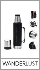Termo WANDERLUST 1300 ml de acero doble capa inoxidable. Tapa a rosca. Incluye taza (tapa) de acero. Aprobado por I.N.A.L. Mantiene temperatura caliente por 8 horas. Pico vertedor. Pack por unidad en color como la foto y caja individual de packaging.