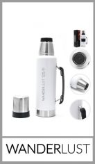Termo WANDERLUST 1300 ml de acero doble capa inoxidable. Tapa a rosca. Incluye taza (tapa) de acero. Aprobado por I.N.A.L. Mantiene temperatura caliente por 8 horas. Pico vertedor. Pack por unidad en color como la foto y caja individual de packaging.