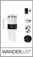 Vaso térmico WANDERLUST de acero doble capa. Autorizado INAL. Tapa a presión con silicona, con bombilla y manija de agarre. Incluye packaging  y incluye stickers para personalizar. Capacidad: 1200ml. Pack por unidad en cajita individual.