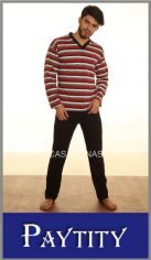 Pijama PAYTITY manga larga y pantalon largo en jersey rayado, con casaca rayada escote en V y pantalon liso al tono. Talles 48, 50, 52 y 54 en colores surtidos. Pack por unidad.