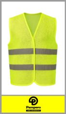 Chaleco reflectivo amarillo PAMPERO, compuesto por tela aireada 100% poliester fluor con cinta reflectiva de 500 candelas lux, dos tiras en el frente y dorso y abrojo para cierre. Puede usarse en construcciones, seguridad industrial, transporte de mercaderia, conduccion de vehiculos, etc
Color igual a la imagen AMARILLO 
Talle unico. Medidas: Alto 66cm x ancho 56cm. Pack por 10 unidades.