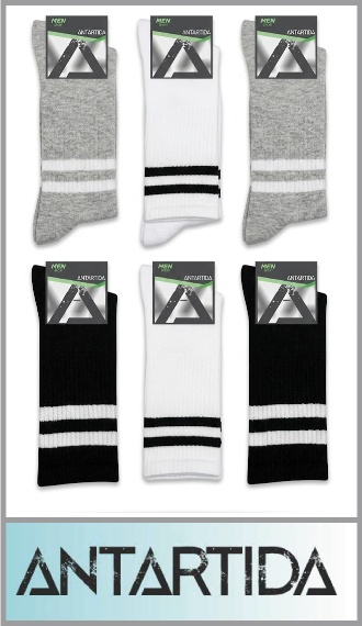 Media ANTÁRTIDA 1/3 de caña con rayas en el puño en colores blanco, negro y gris surtidos dentro de la docena, en poliester y spandex, en talle único para hombre. Pack por docena, colores surtidos.