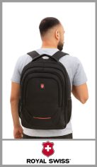 Mochila porta notebook ROYAL SWISS en Nylon premium color negro, con dos divisiones (una porta notebook hasta 16 pulgadas acolchonada) más otros tres bolsillos frontales con cierre y laterales. Excelentes detalles de terminación, con espaldar y correas acolchonadas. Tira para enganchar a la valija. Tamaño: 48cm x 33cm x 19cm Pack por unidad.