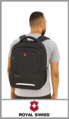 Mochila porta notebook ROYAL SWISS en Nylon premium color negro, con dos divisiones (una porta notebook hasta 16 pulgadas acolchonada) más otros tres bolsillos frontales con cierre y laterales. Excelentes detalles de terminación, con espaldar y correas acolchonadas. Tira para enganchar a la valija. Tamaño: 48cm x 33cm x 19cm Pack por unidad.