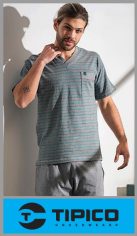 Pijama TIPICO 100% algodón, casaca manga corta en V rayada, pantalon corto liso, para hombre en jersey de algodon, en talles S, M, L, XL y 2XL. Pack por unidad