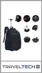 Mochila con carro TRAVEL TECH de 18 pulgadas. 
Contiene un bolsillo portabotellas, un organizador y multiples bolsillos, portanotebook, contiene tres bolsillos con cierre engomado. 
Tiene ruedas reforzadas y su covertor con cierre de velcro para proteger las ruedas, una manija monocomando con un cierre para guardar el monocomando plegado.
Color negro
Pack por unidad
Medida 18 pulgadas