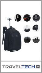 Mochila con carro TRAVEL TECH de 18 pulgadas. 
Contiene un bolsillo portabotellas, un organizador y multiples bolsillos, portanotebook, contiene tres bolsillos con cierre engomado. 
Tiene ruedas reforzadas y su covertor con cierre de velcro para proteger las ruedas, una manija monocomando con un cierre para guardar el monocomando plegado.
Color negro
Pack por unidad
Medida 18 pulgadas