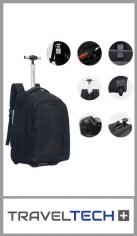 Mochila con carro TRAVEL TECH de 18 pulgadas. 
Contiene un bolsillo portabotellas, un organizador y multiples bolsillos, portanotebook, contiene cuatro bolsillos con cierre engomado. 
Tiene ruedas reforzadas y su covertor con cierre de velcro para proteger las ruedas, una manija monocomando con un cierre para guardar el monocomando plegado.
Color negro
Pack por unidad
Medida 18 pulgadas