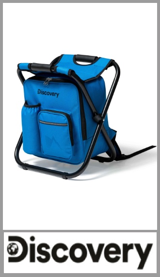 Mochila banqueta plegable Discovery, con estructura de caño metálico y asiento acolchado, que combina mochila y asiento en un solo producto. Cuenta con compartimento principal con cierre, bolsillos frontales, bolsillo lateral para botella y tiras regulables para llevarla en la espalda. Ideal para camping, pesca o excursiones. Soporta hasta 115 kg. Medidas: 29cm x 36cm x 42cm. Color azul. Pack por unidad.