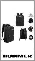 Mochila porta notebook HUMMER, tela impermeable, bolsillos laterales porta botella,espalda acolchonada y tiras con tela mesh. sujecion para valija, sus cierres son engomados, contiene dos bolsillos frontales y uno grande en el cual tiene el bolsillo porta notebook acolchonado. 
Viene en color negro 
Pack por unidad 
Medidas 42cm x 30cm x 11cm