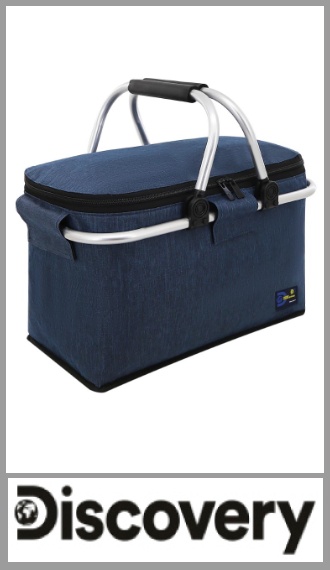 Canasta térmica de picnic Discovery, con aislante interior que ayuda a conservar la temperatura de alimentos y bebidas. Cuenta con asas de aluminio, tapa con cierre y abrojo desmontable. Su estructura es plegable, lo que facilita guardarla. Ideal para picnic, playa, camping o paseos. Medidas: 22cm x 38cm x 20cm. Disponible en colores negro y azul. Pack por unidad.