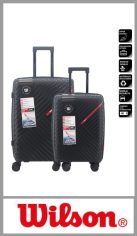 Juego de valijas WILSON de PP ( prolipropileno) . Cuenta con 4 ruedas 360º que le permite moverse en todas las direcciones sin problemas. Divisor organizador intermedio con red y elásticos. Set por 2 piezas con carro reforzado, candado y manija extensible. Medidas: 20 + 24. Pack por juego 2 piezas.