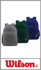 Mochila WILSON, en lona de colores y estampada, con una división, mas dos bolsillos exteriores frontales con cierre y dos laterales de red. Tiracierres Wilson. Tamaño:  45.00cm x 32.00cm x 14.00cm 
Pack por unidad.