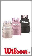 Mochila WILSON, en lona  de colores , con una división, mas otro bolsillo frontal con cierre. Excelentes detalles de terminación, incluyendo tiracierres y apliques Wilson en goma. Cierres de gran tamaño, con correas acolchonadas. Tamaño: 42cmx 30cm x 14cm. Pack por unidad.
