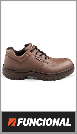 Zapato Francés Funcional línea Caucho, con puntera de acero, exterior en cuero flor HQ y forro interior Drymax, cuello acolchado y lengüeta con semi-fuelle. Suela de caucho bidensidad, pegada y cosida con hilo de alta tenacidad, antideslizante, resistente a hidrocarburos y con propiedades dieléctricas, ideal para trabajos en pisos húmedos, contacto con químicos o riesgo eléctrico. Cordones de alta tracción con pasacordones de ojalillos metálicos. Color marrón. Numeración del 34 al 47. Pack por u